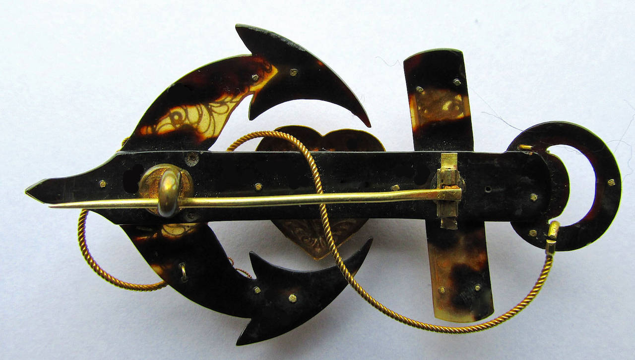 High Victorian Antique Pique & 18K Gold Anchor Pin c1850 For Sale