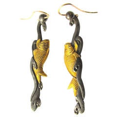 Antique Victorian Shakudo Fish Motif Earrings