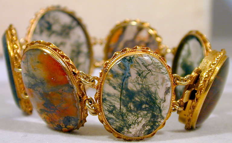 Antique Moss Agate Silver Gilt Bracelet In Excellent Condition In Baltimore, MD