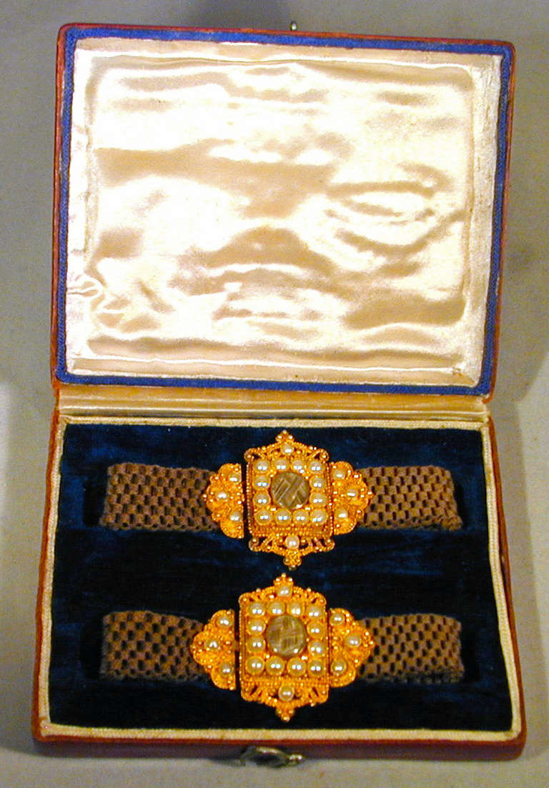 Pair of Antique Pearl Gold and Woven Hair Bracelets