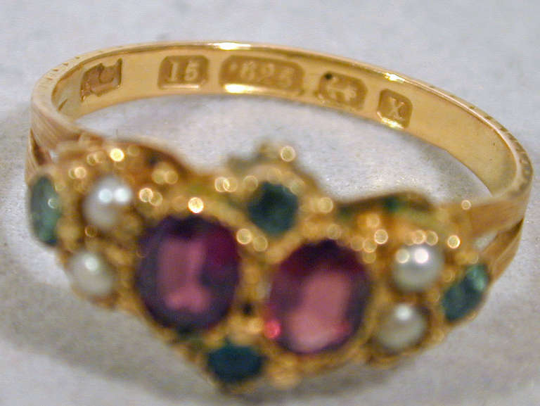 Antiker Perlen-Amethyst-Smaragd-Goldring 1