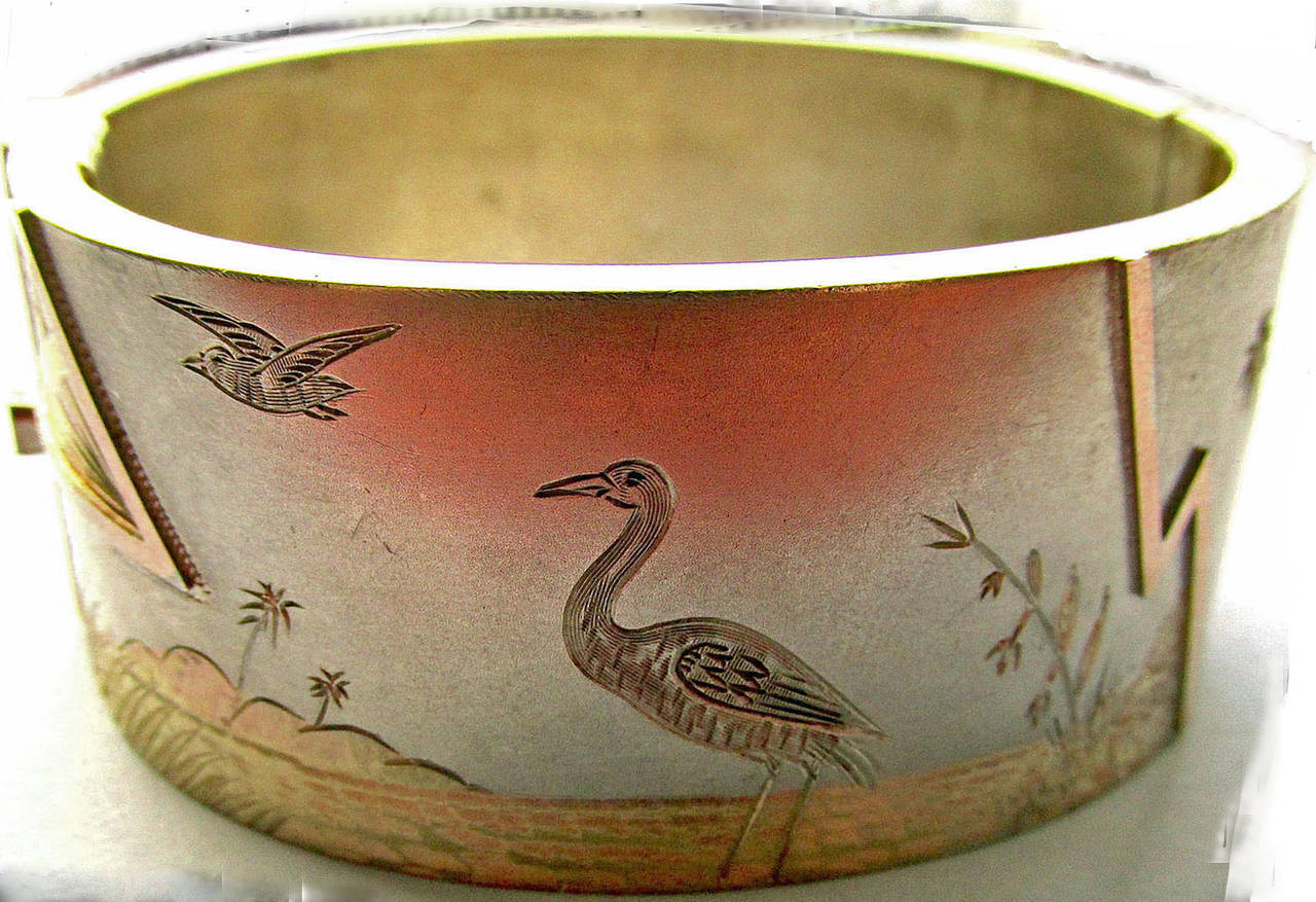 Antique Sterling Two Color Gold Cuff Bracelet In Excellent Condition In Baltimore, MD