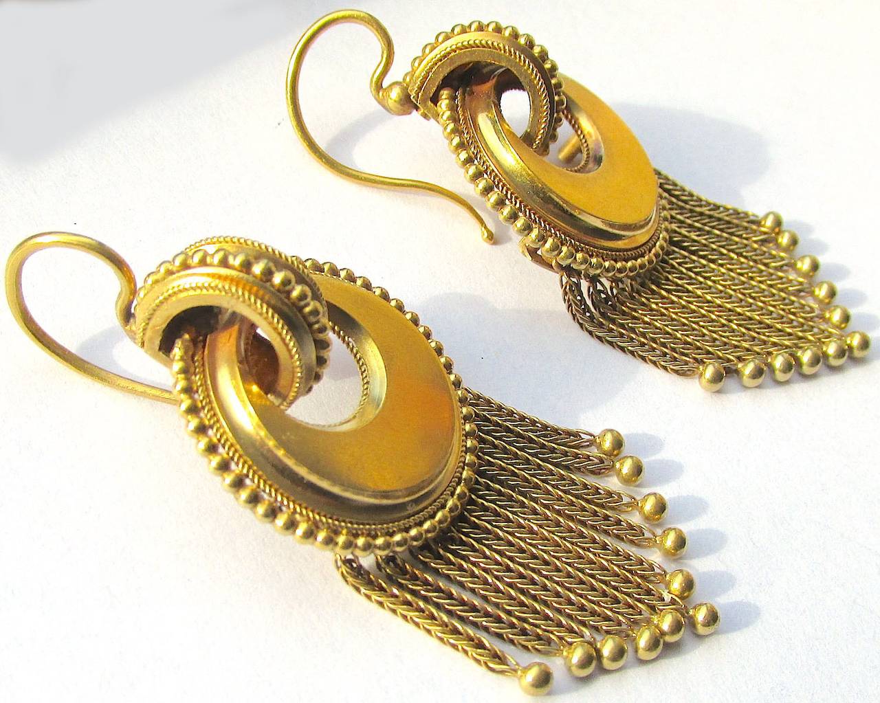 Wonderful Victorian 18K gold fringe earrings that will swing and sway as you walk down the street or dance the night away. Beautifully decorated with cannetille bead work, the earrings measure 2