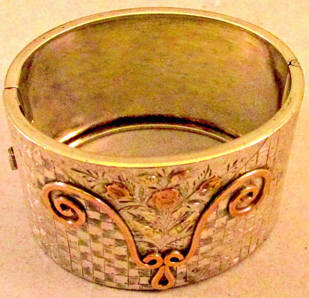 Antique Silver Gold Bangle Bracelet For Sale 1