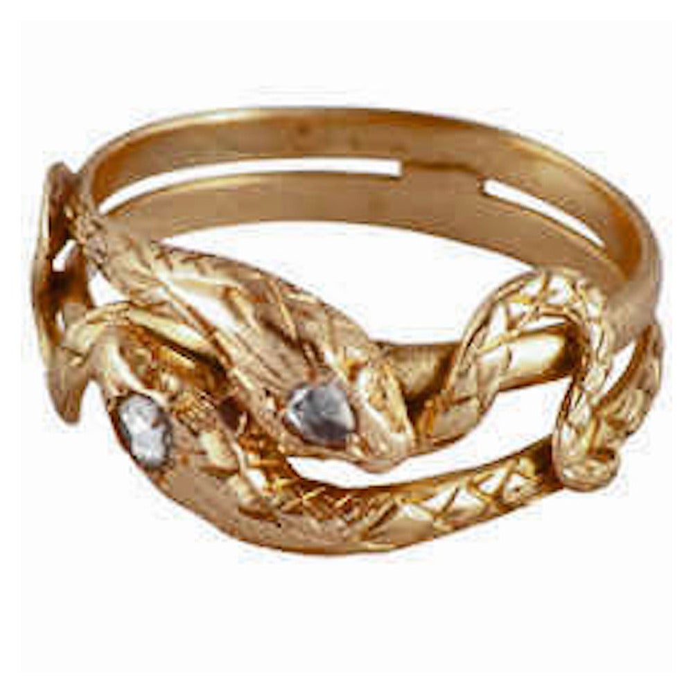 Antique Gold Double Snake Ring with Two Diamonds