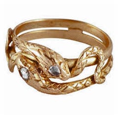 Antique Gold Double Snake Ring with 2 diamonds 2