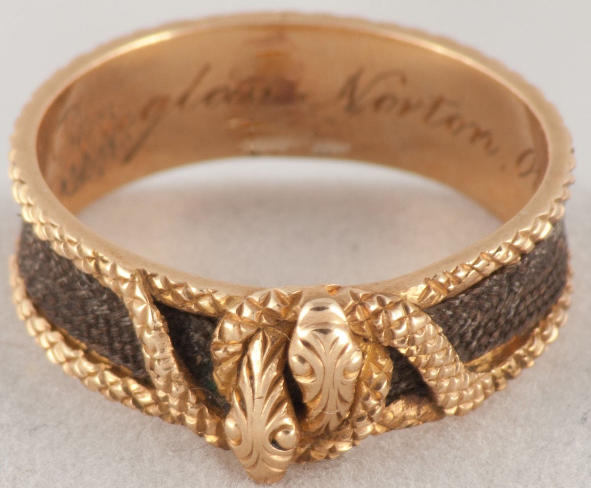 Georgian 18K yellow gold and plaited hair double snake ring memorialized and engraved 