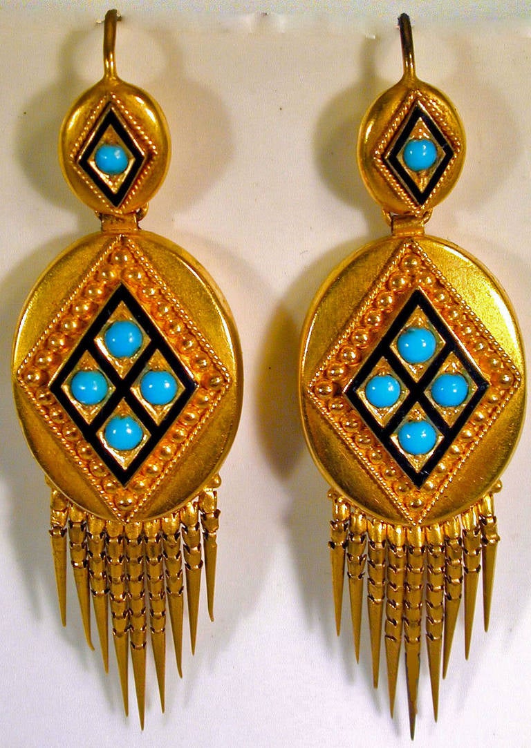 Victorian Antique Enamel Turquoise Gold Fringe Earrings