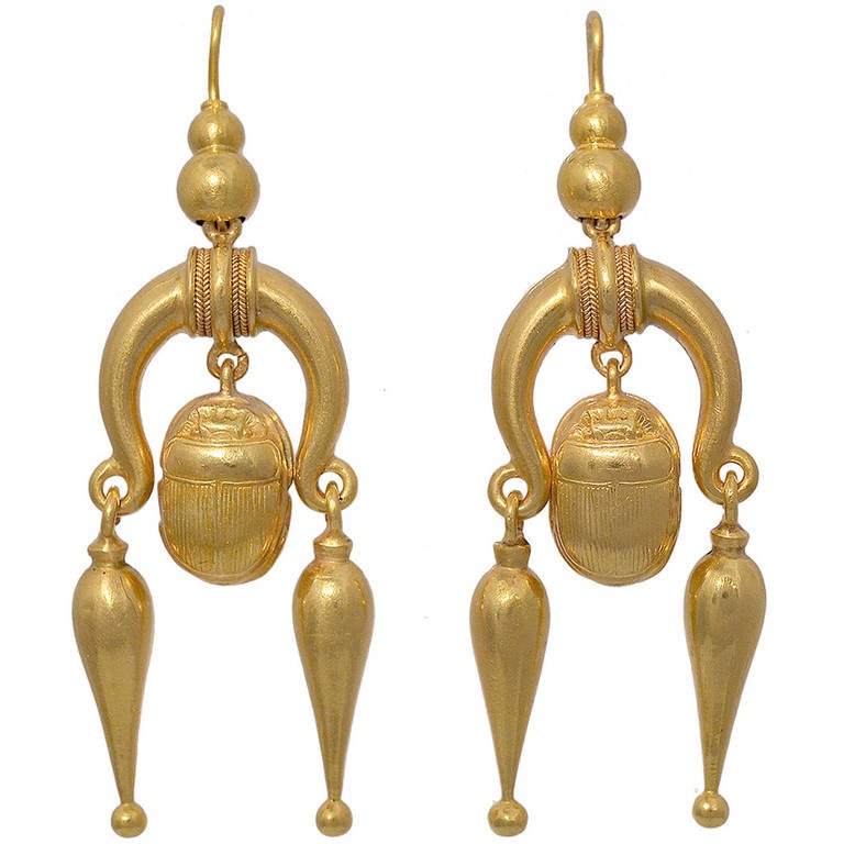Antique Scarab Motif Gold Earrings