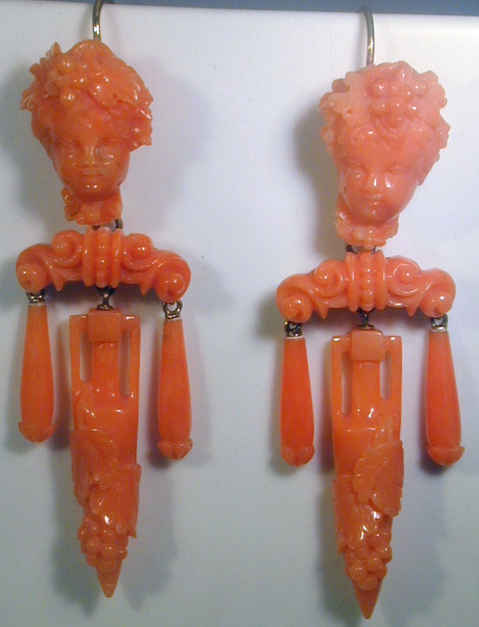 Antique Coral Cameo Earrings In Excellent Condition In Baltimore, MD
