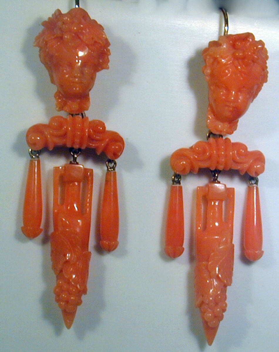 Victorian Antique Coral Cameo Earrings