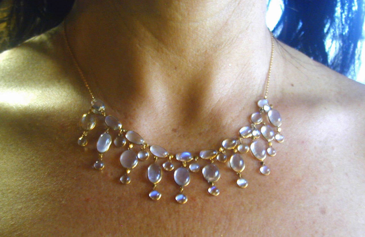 Edwardian Dazzling Antique Moonstone Drop Gold Necklace In Excellent Condition In Baltimore, MD