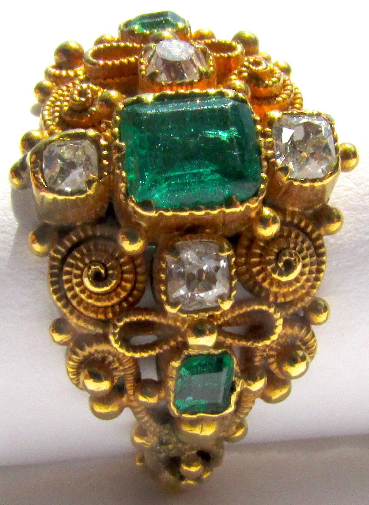 Antique Cannetille Emerald Diamond Ring In Excellent Condition In Baltimore, MD