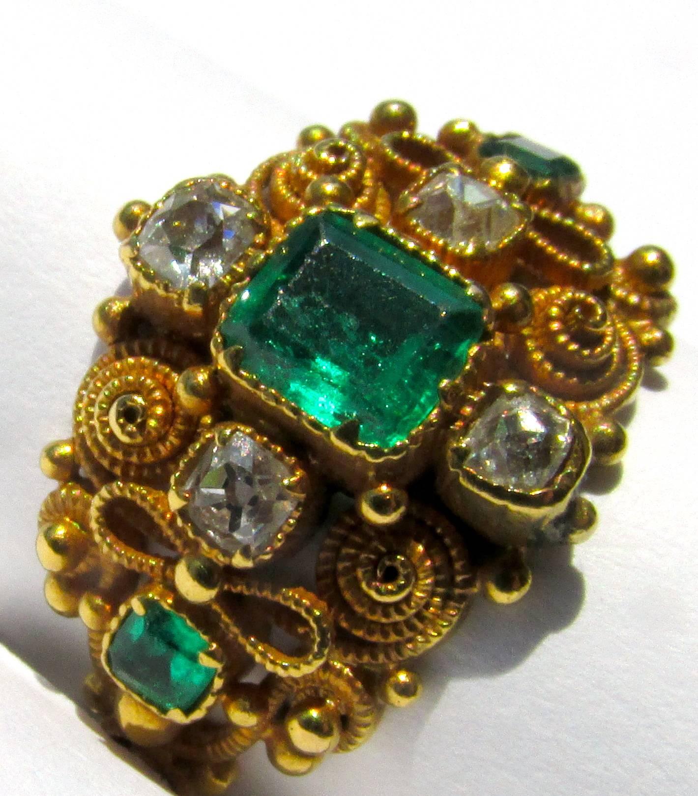 Georgian Antique Cannetille Emerald Diamond Ring