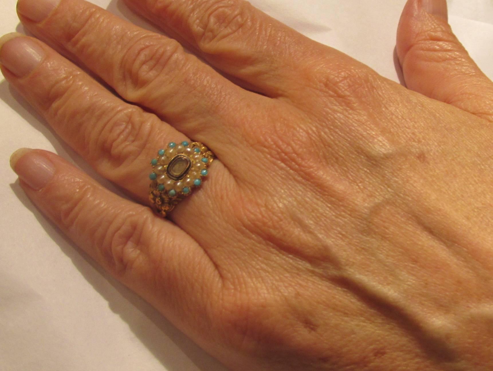 Cabochon Antique Turquoise Pearl Gold Memorial Ring