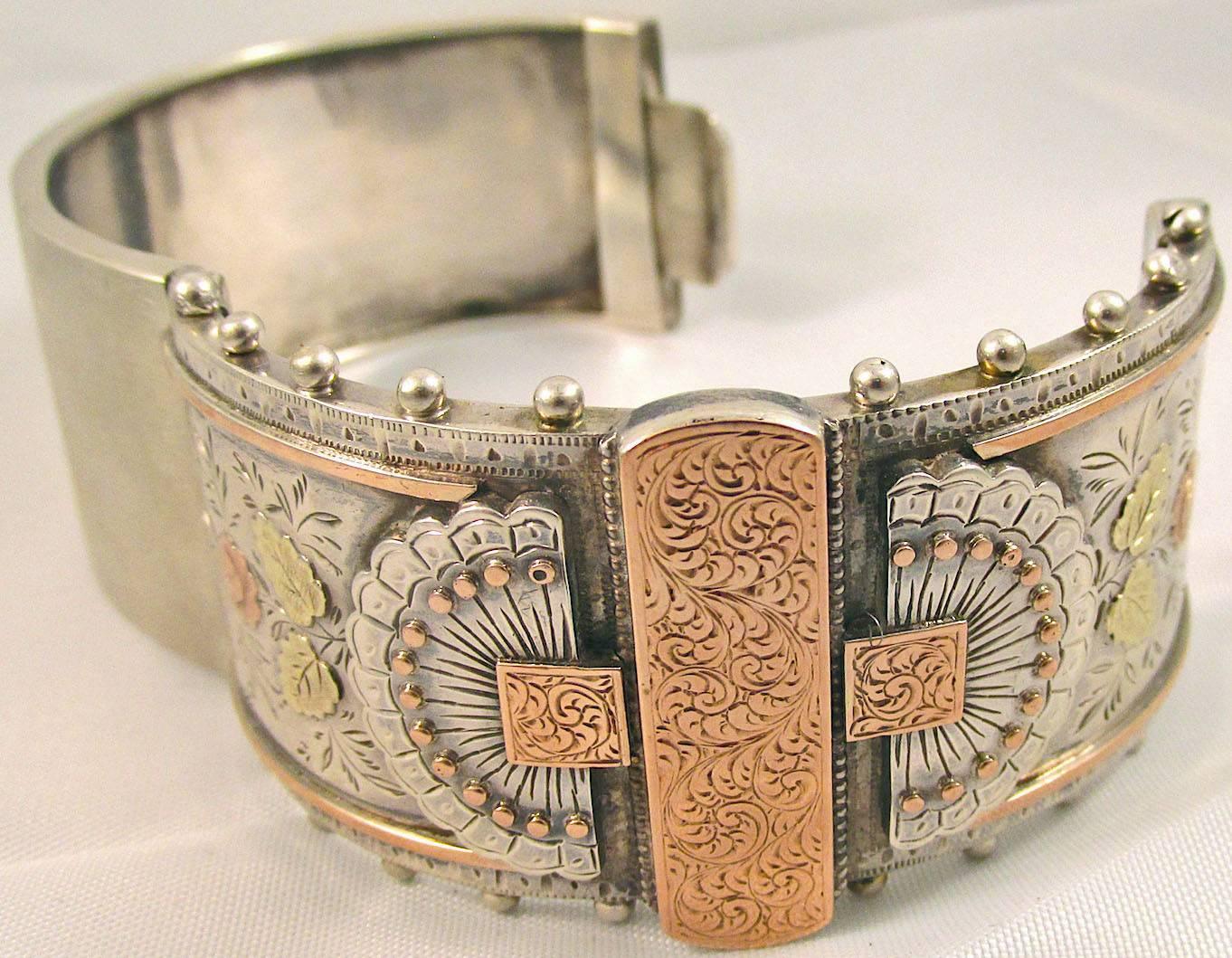 Antique Victorian Silver & Gold Cuff Bracelet In Excellent Condition In Baltimore, MD