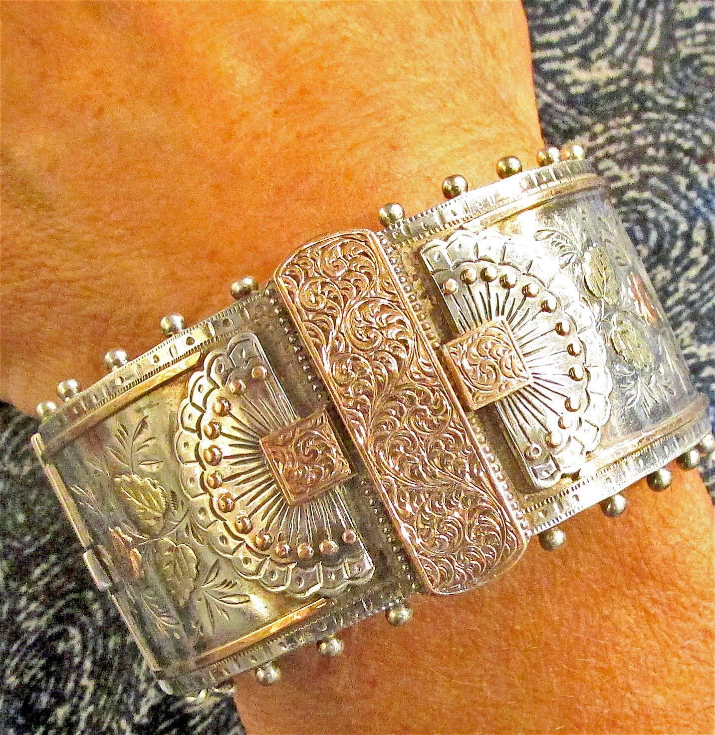 Antique Victorian Silver & Gold Cuff Bracelet 5