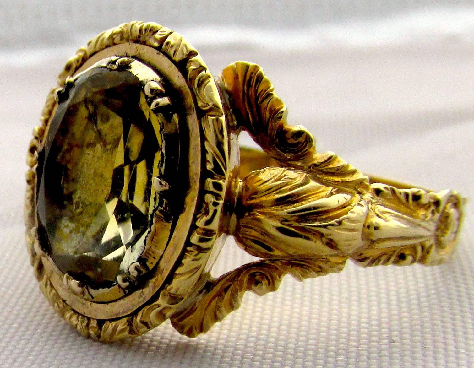 Bold Georgian 15K gold and citrine ring with a leaf design engraved on the band. The back of the ring is engraved 
