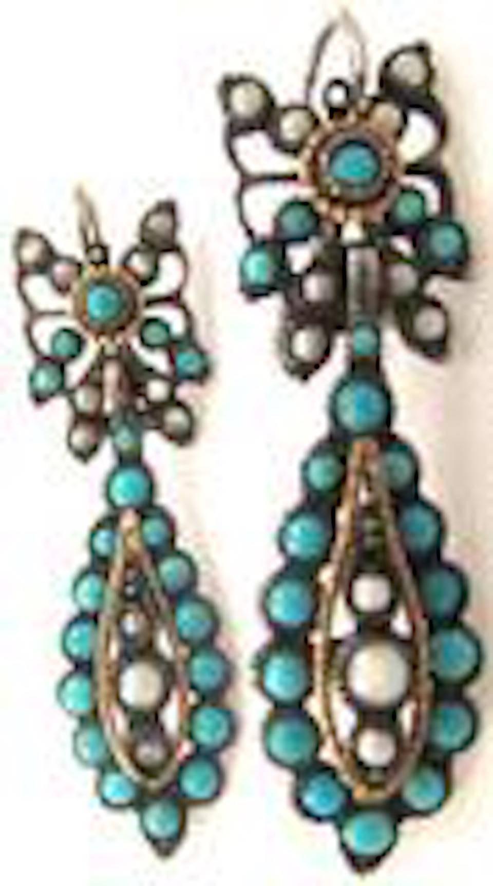 Antique Turquoise Pearl Drop Earrings In Excellent Condition In Baltimore, MD