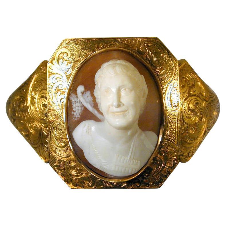 Antique Early Victorian Shell Cameo Gold Bracelet of Pan, circa 1840