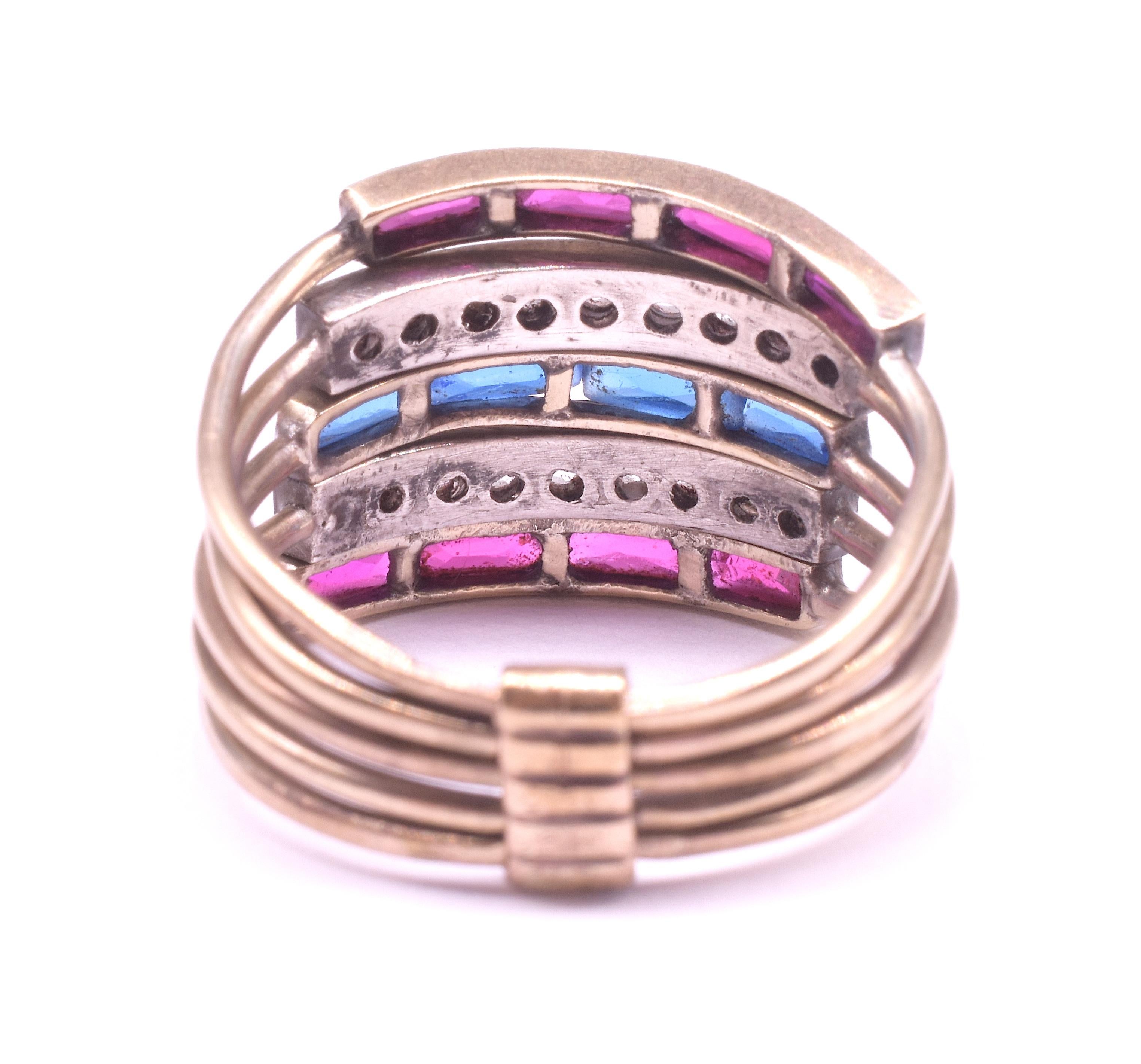 C1920 Colorful Harem Ring w Paste Sapphires, Paste Diamonds and Paste Rubies For Sale 4