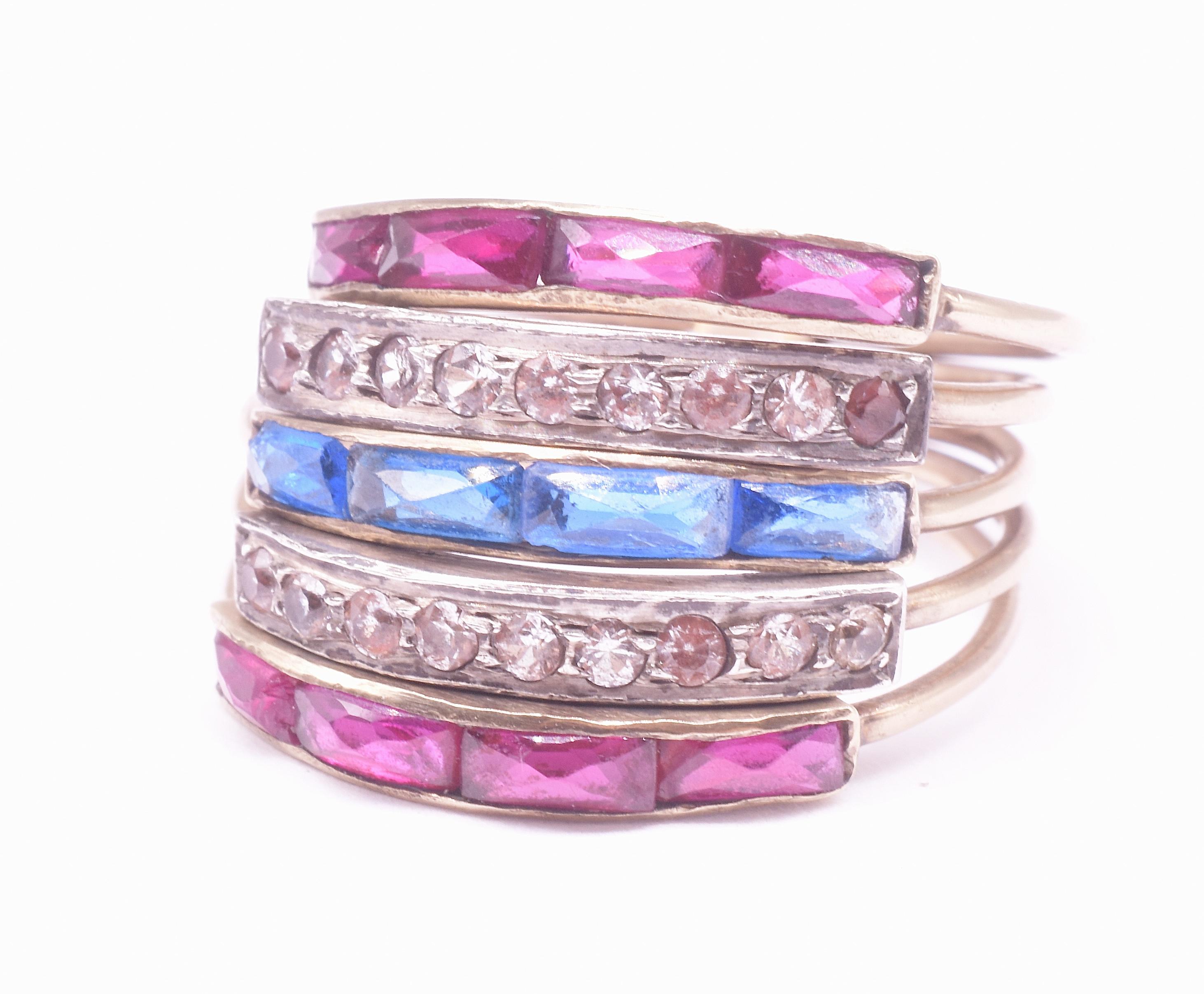 C1920 Colorful Harem Ring w Paste Sapphires, Paste Diamonds and Paste Rubies For Sale 5
