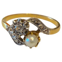 Art Nouveau 18ct & Platinum Flower Sprig Ring with Diamonds & a Natural Pearl