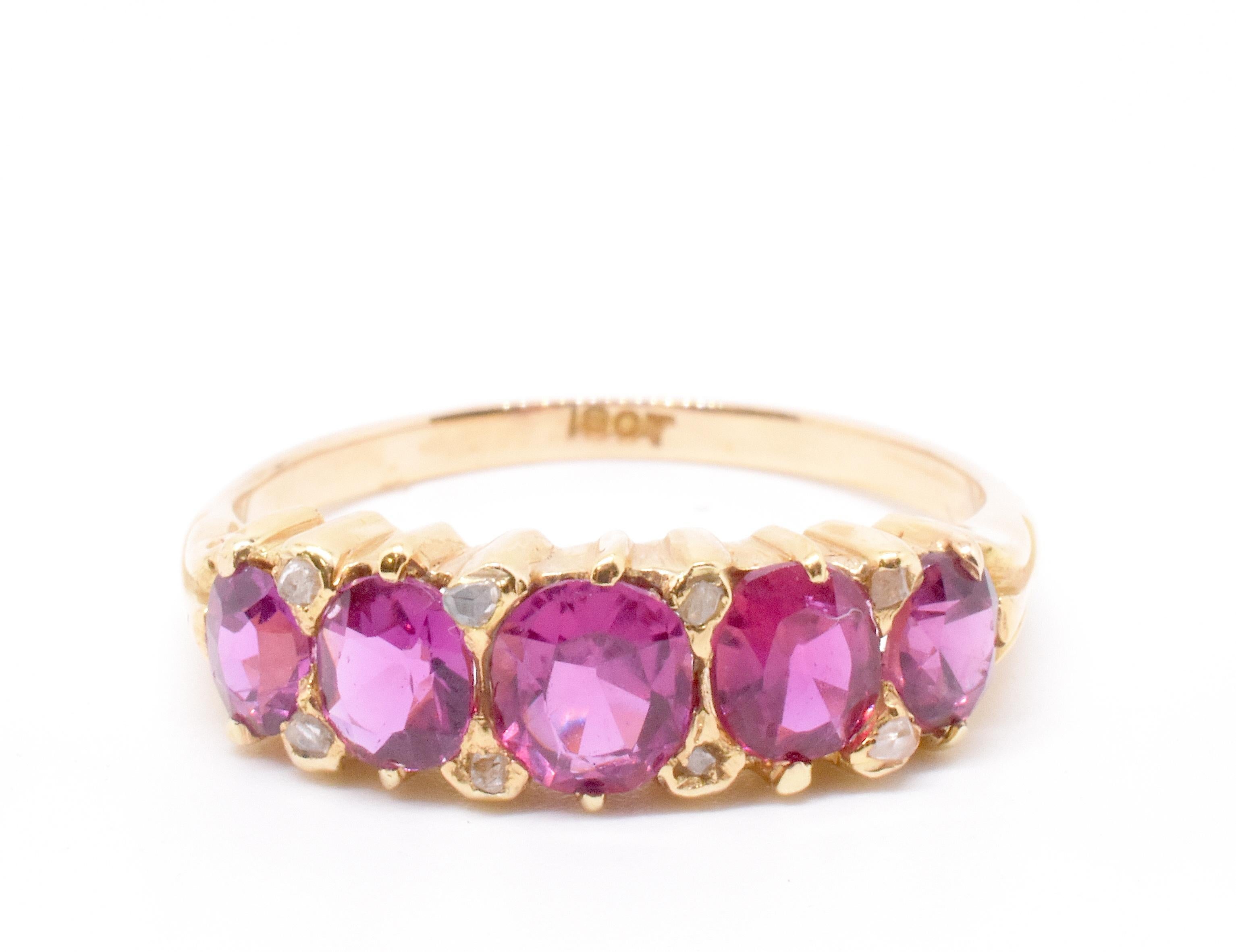 Brilliant Cut C1870 18K Natural Burma Ruby Five Stone Ring For Sale