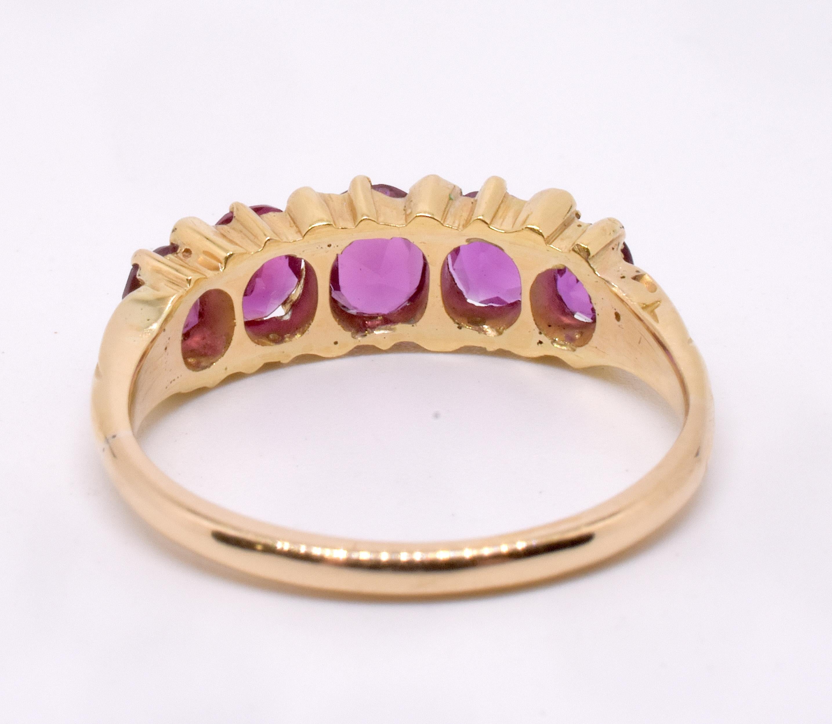 Women's or Men's C1870 18K Natural Burma Ruby Five Stone Ring For Sale