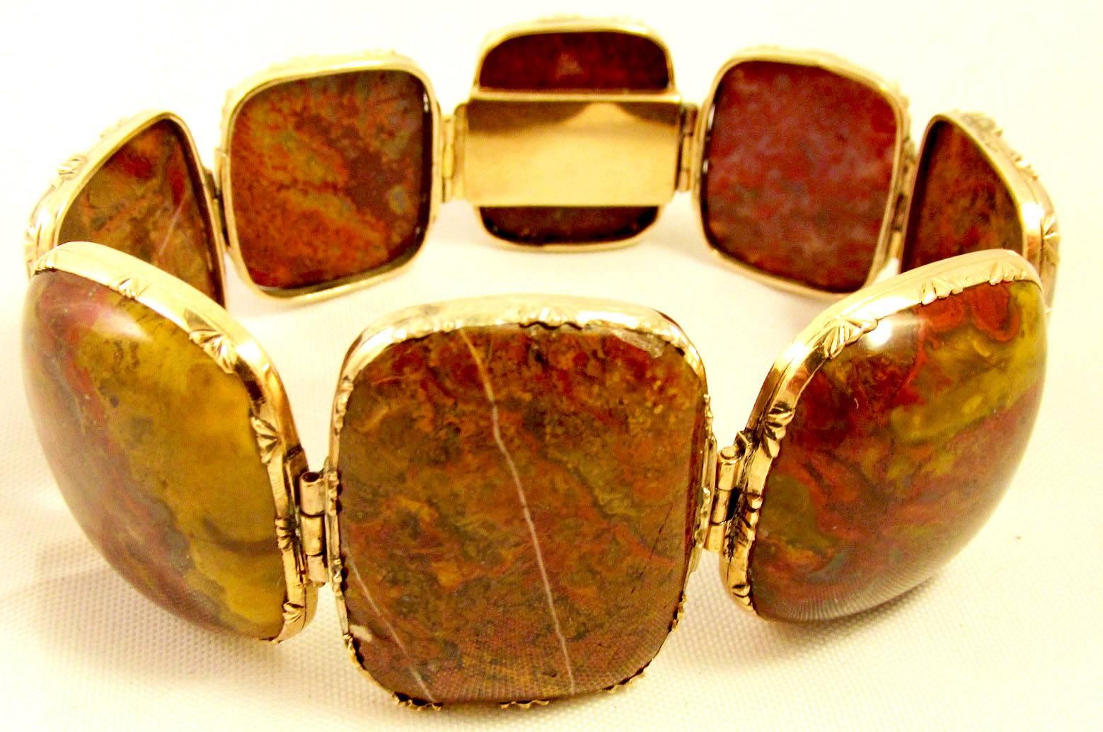 Lovely Georgian carnelian bracelet of graduated stones set in 12K gold. The stones have a variety colors and patterns. Wonderful to wear in the Autumn or anytime of the year. The bracelet measures 7" long and dates to c. 1820.