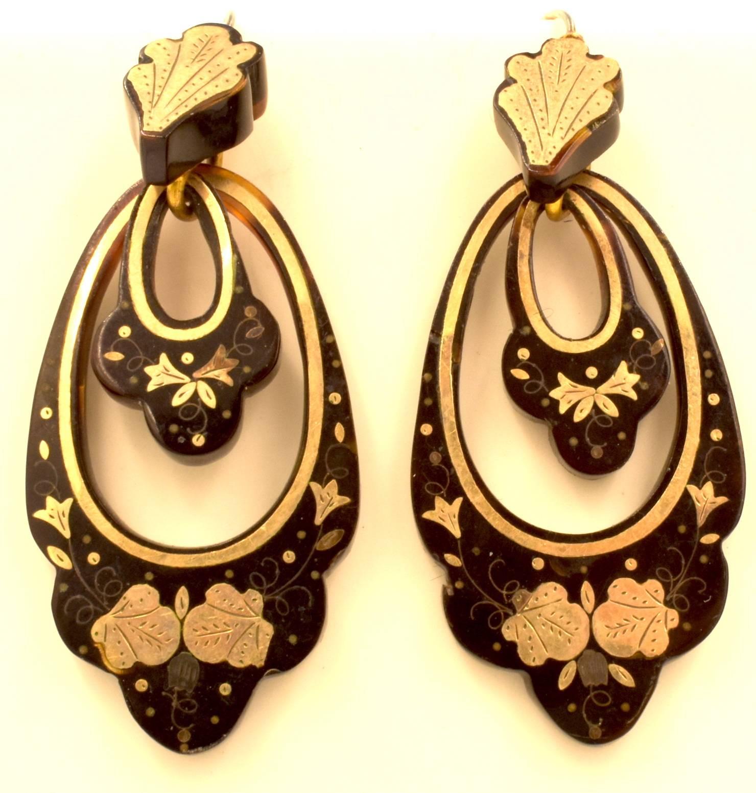 Wonderful Victorian pique hoop earrings with a leaf motif are great to wear day or night. Pique is tortoiseshell inlaid with gold. The technique was brought to England by the Huguenots when they were expelled from France in the 17th Century. This