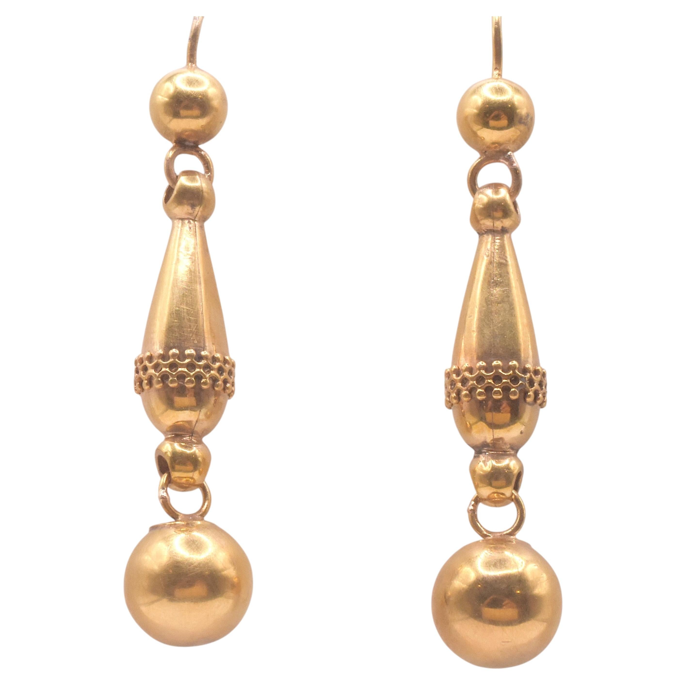 C1870 9K Classical Egyptian Revival Drop Earrings w Repeating Circles For Sale