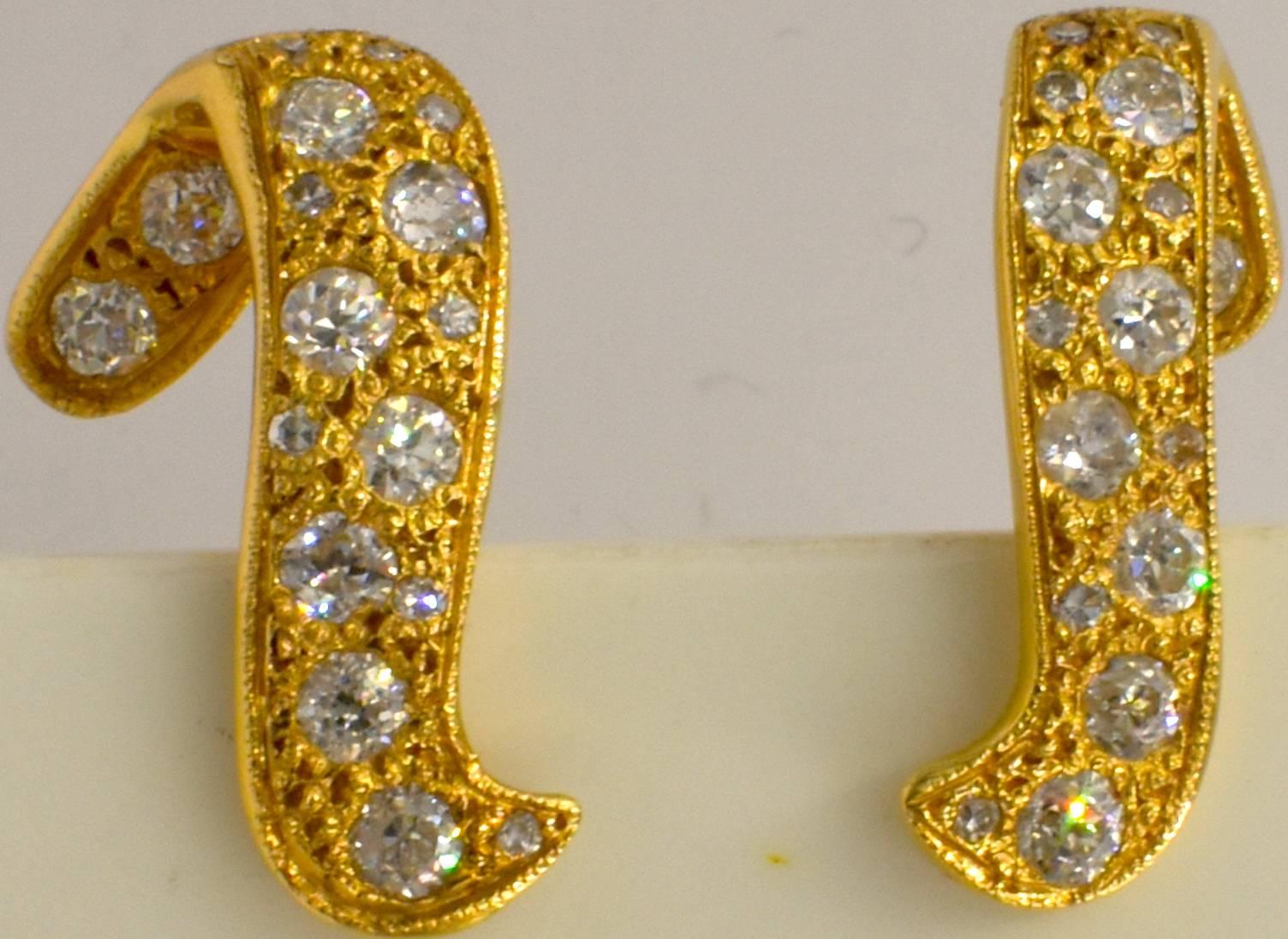 Modern 14 Karat Gold and Diamond Earrings