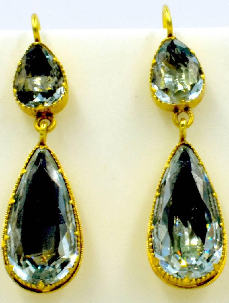 Exquisite Georgian aquamarine drop earrings set in 18K gold. These delightful earrings measure 1 3/4" long by 5/8" at their widest. Wonderful to wear day or night, summer or winter. 