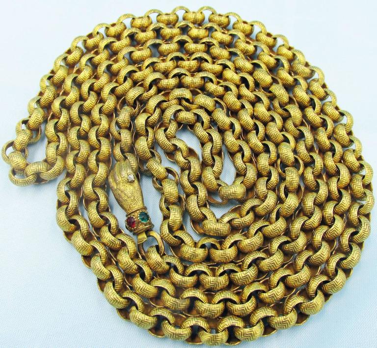 Antique Pinchbeck Muff Chain with Hand Clasp, circa 1840 For Sale at