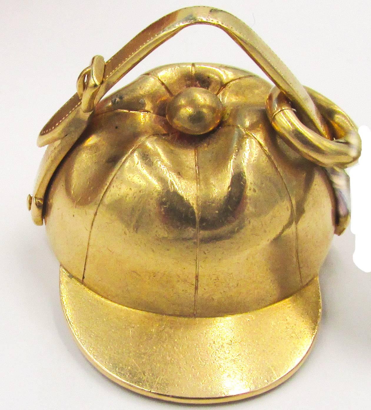 Unusual Victorian 18K gold fob in the shape of a jockey's cap set with a jasper seal. Wonderful to add to a charm bracelet or wear on a chain or as a gift to a enthusiastic rider.  The fob measures approximately 1