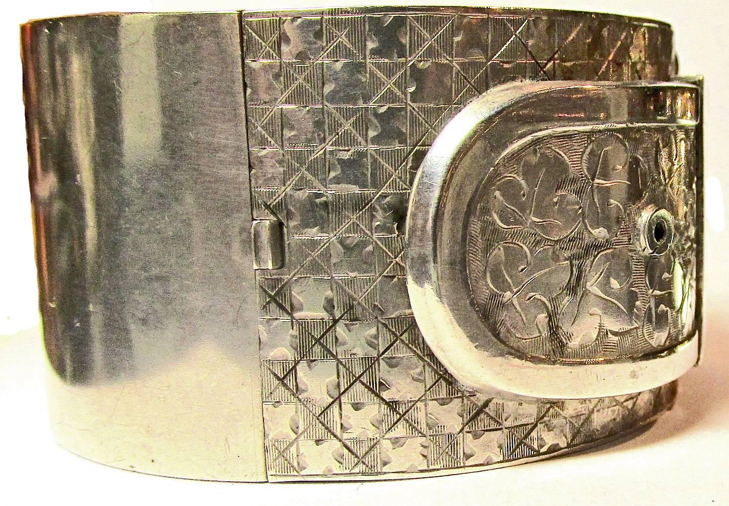 Antique Victorian Sterling Silver Buckle Motif Cuff Bracelet In Excellent Condition In Baltimore, MD
