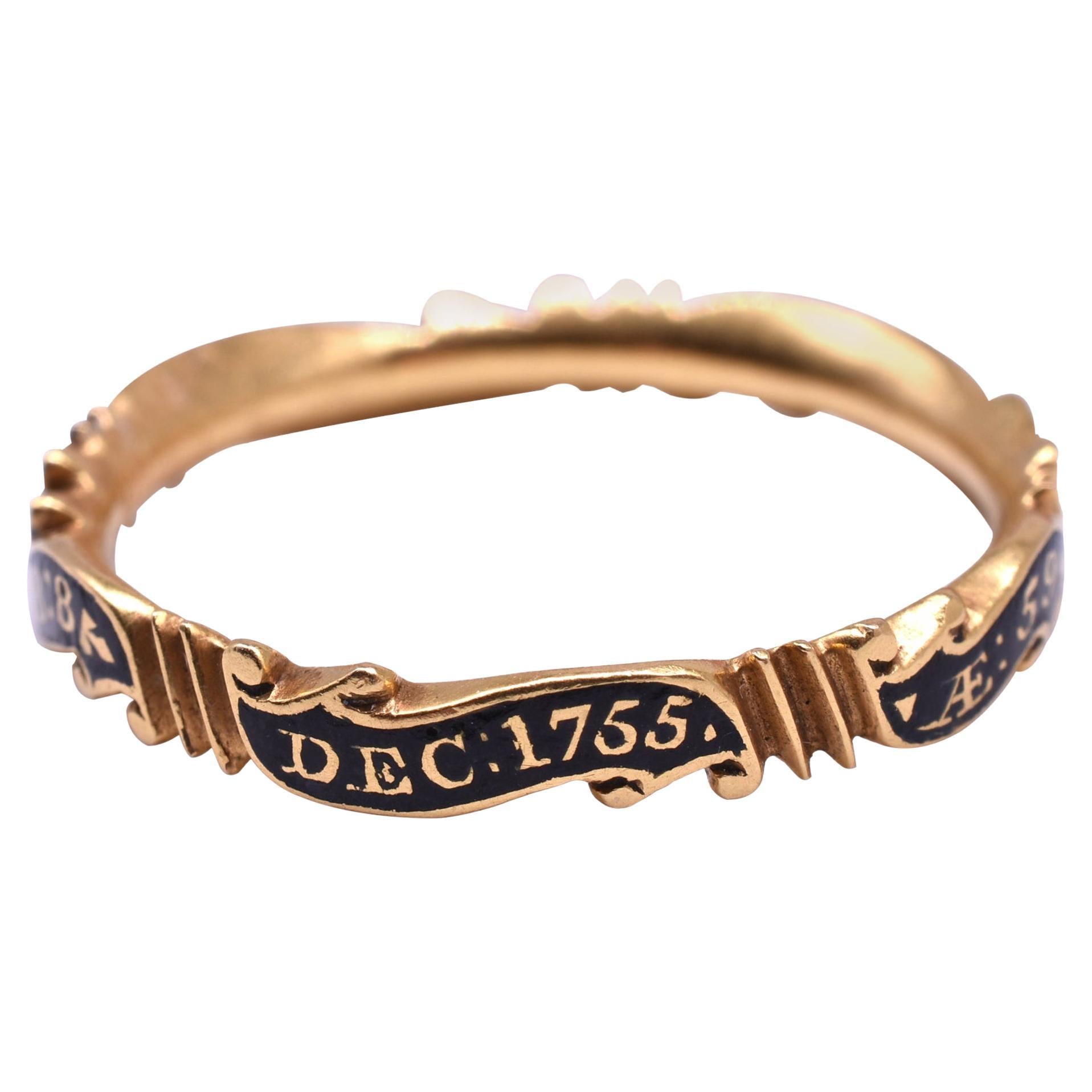  Antique George II 18K Rococo Style Scrolled Black Enamel Memorial Band, HM 1755 For Sale