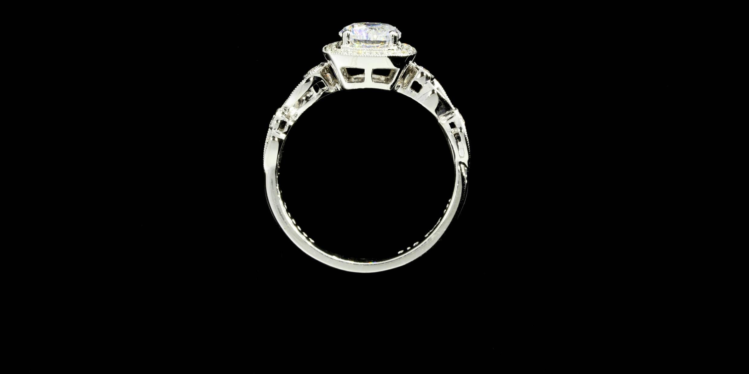 Simon G. Cushion Halo GIA Cert .76 Carat Diamond Gold Engagement Ring In New Condition In Columbia, MO