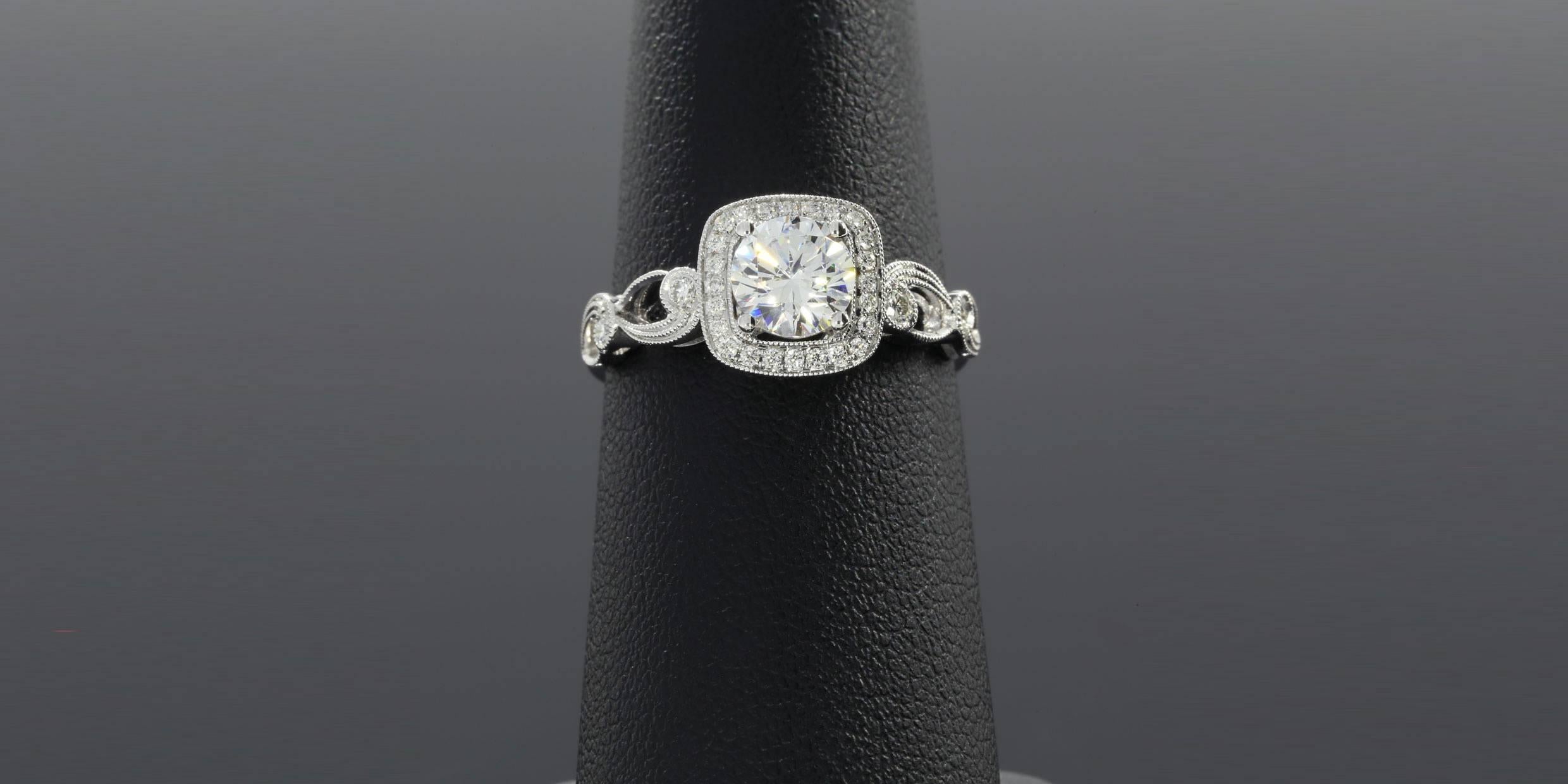 Women's Simon G. Cushion Halo GIA Cert .76 Carat Diamond Gold Engagement Ring