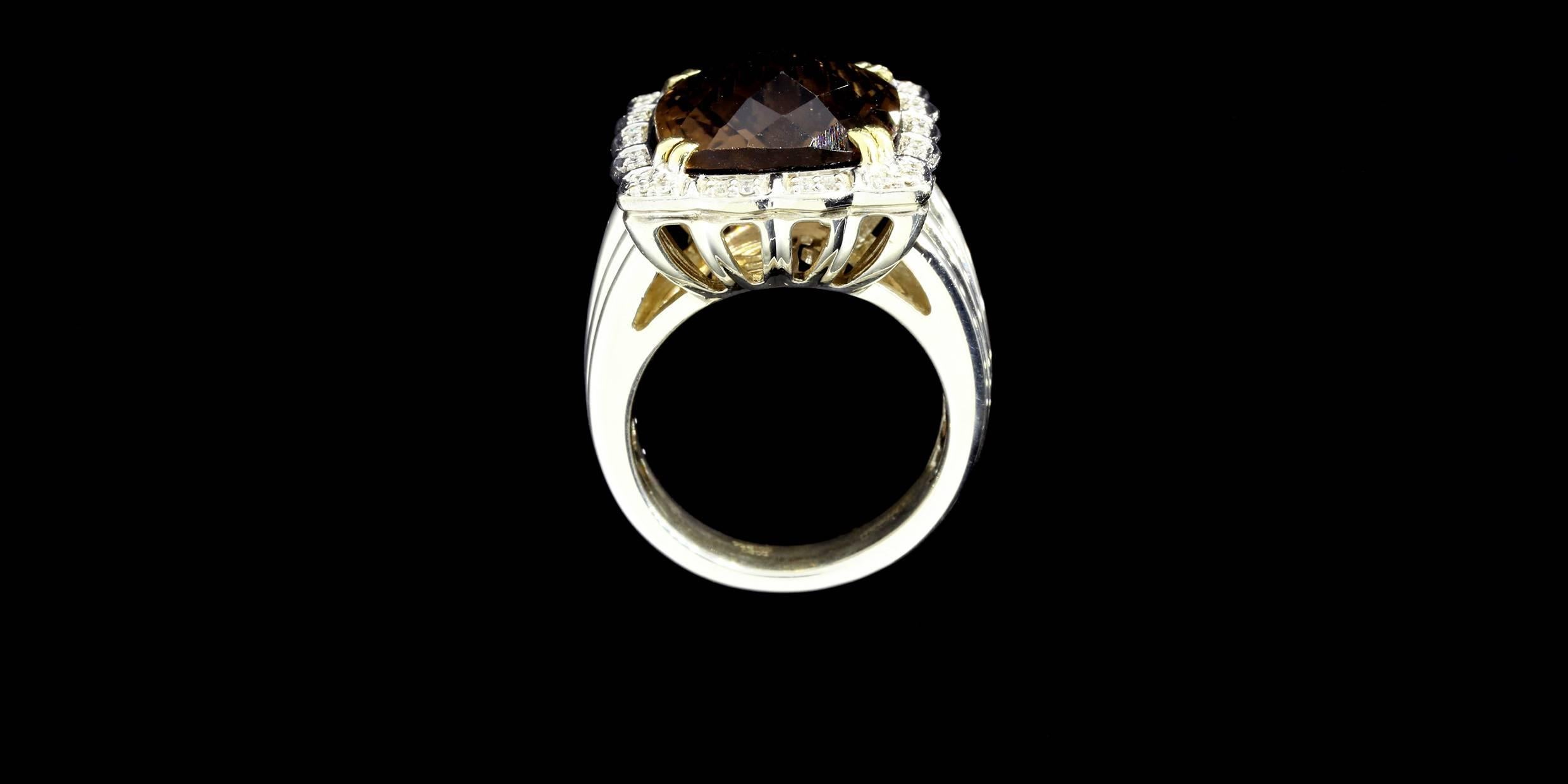 Charles Krypell Smoky Quartz Diamond Silver Gold Ring In Excellent Condition In Columbia, MO