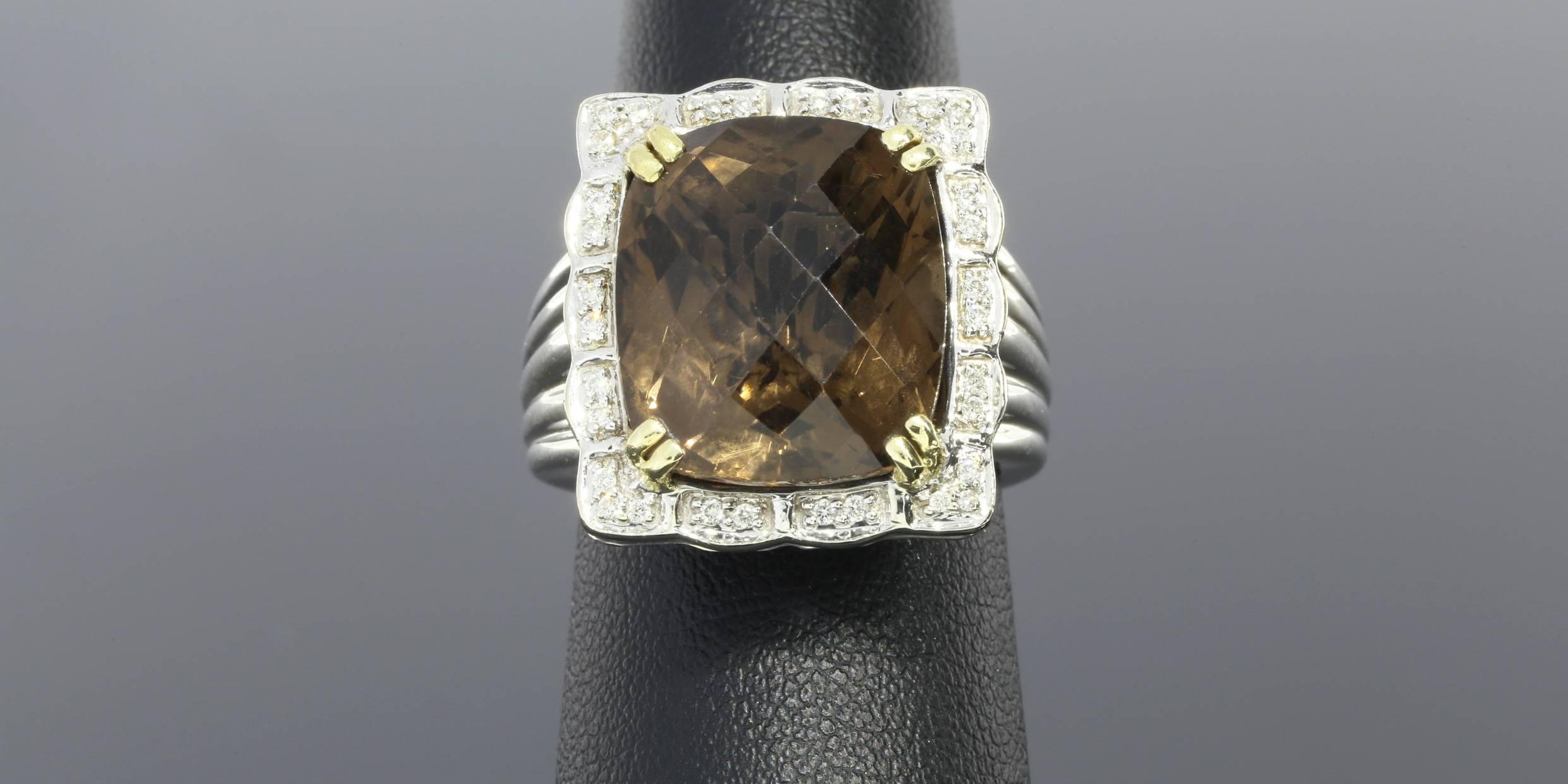 Charles Krypell Smoky Quartz Diamond Silver Gold Ring 2