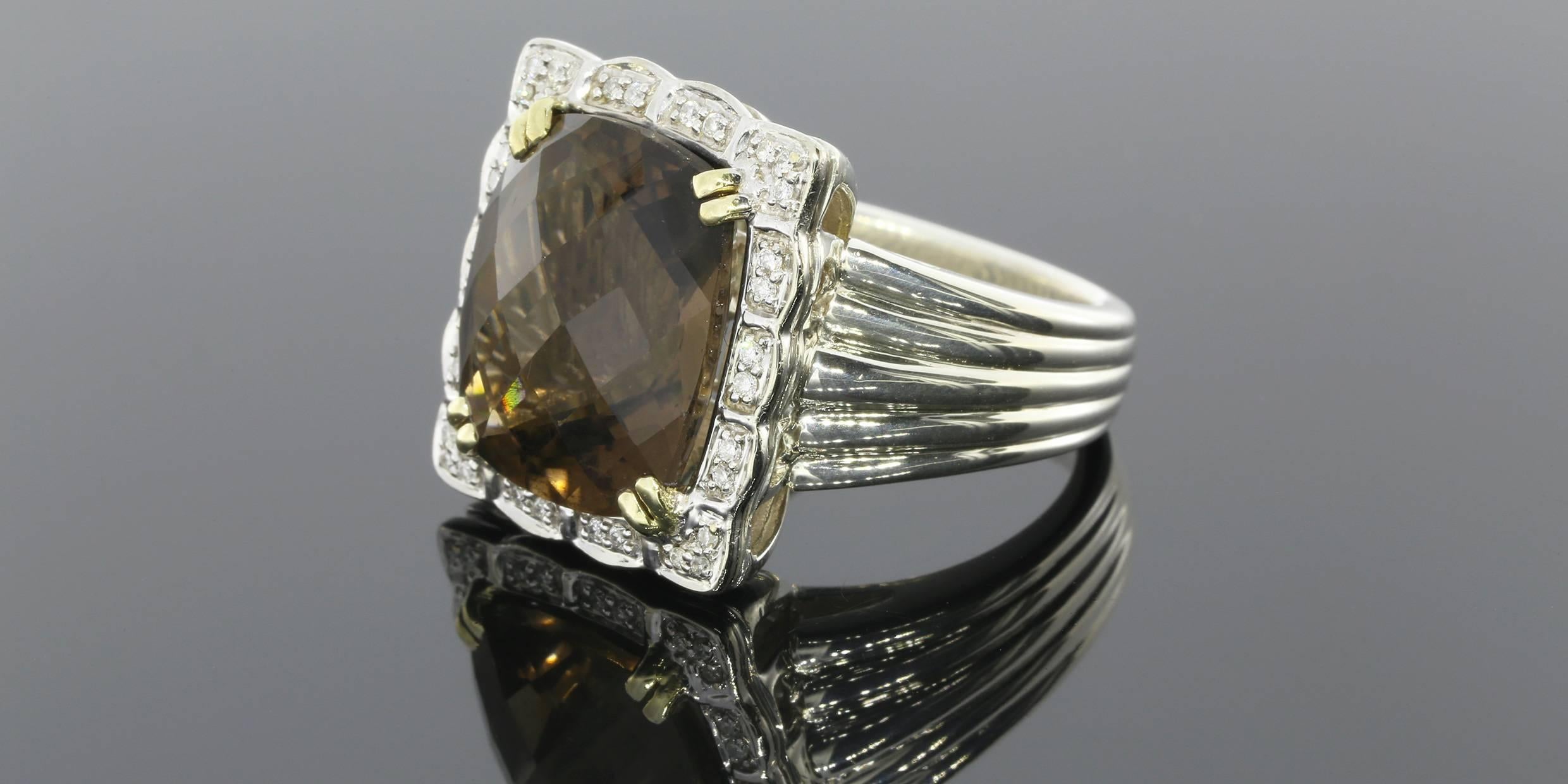 Women's or Men's Charles Krypell Smoky Quartz Diamond Silver Gold Ring