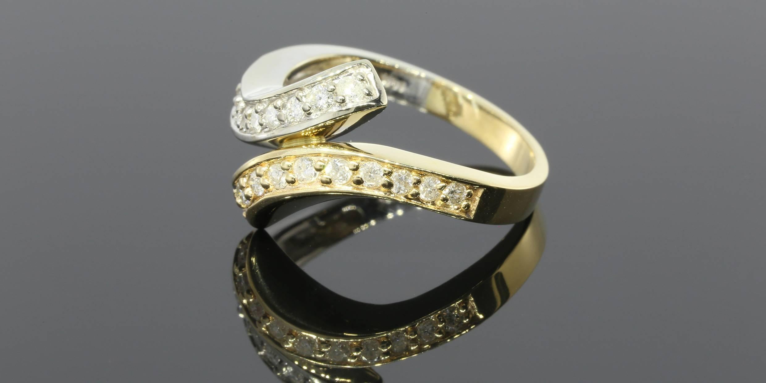 Women's or Men's Diamond Two Color Gold Bypass Ring For Sale