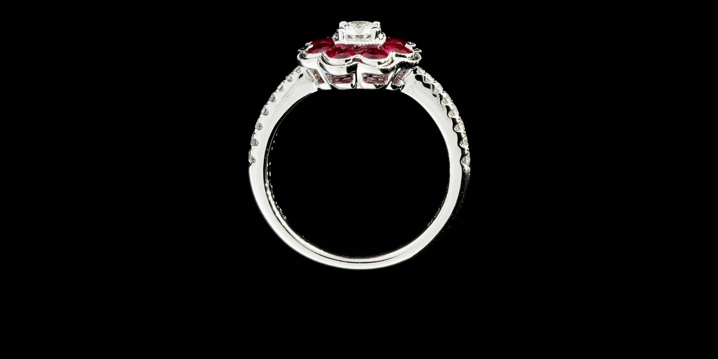 Ruby Diamond Gold Flower Ring For Sale 1