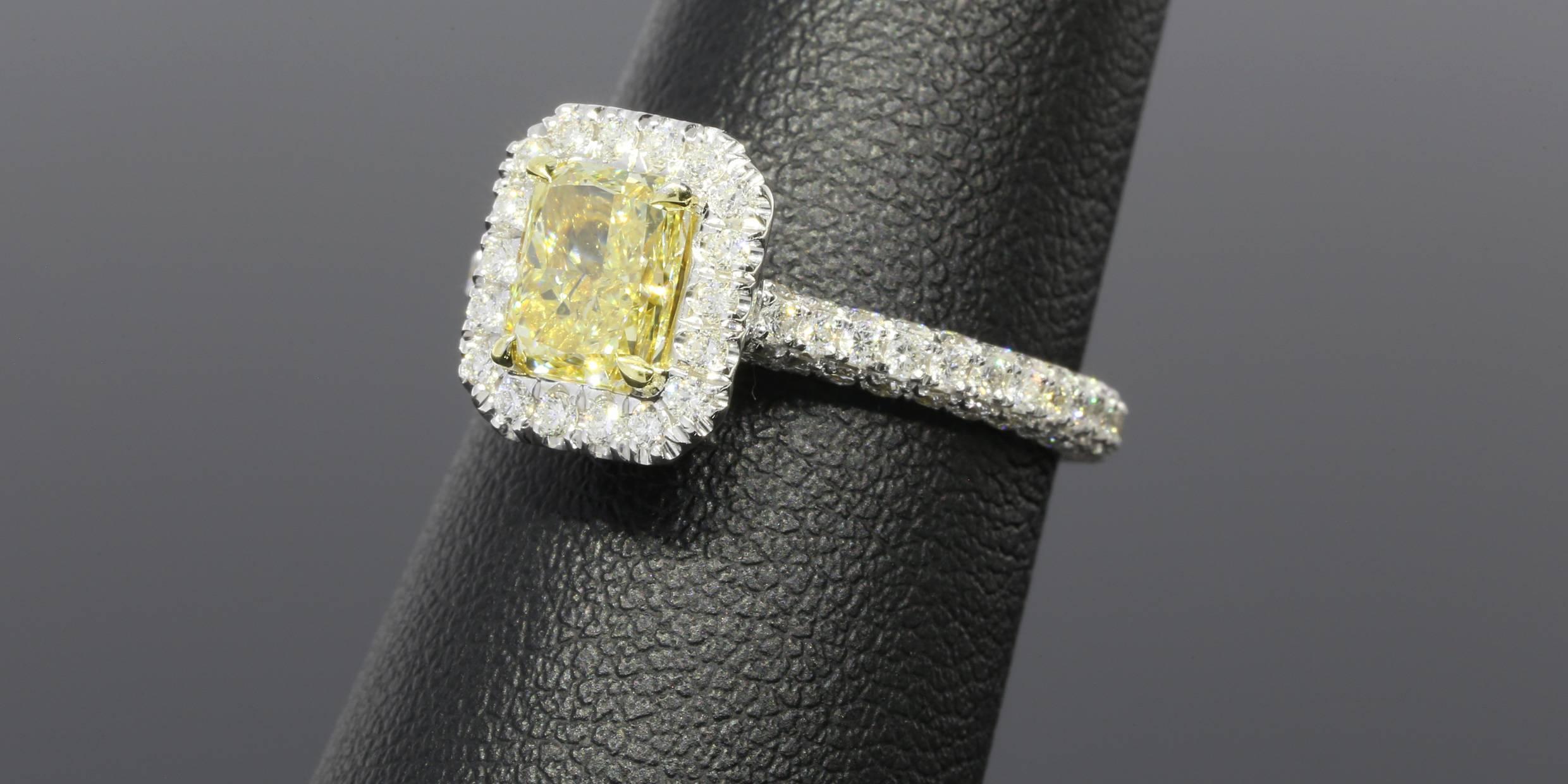 GIA Certified Canary Yellow Radiant Diamond Gold Halo Engagement Ring 2
