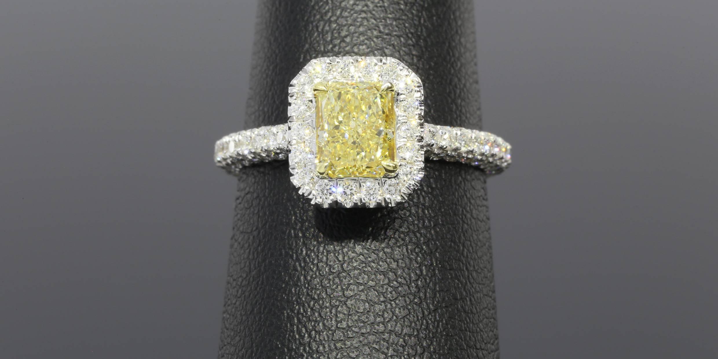 GIA Certified Canary Yellow Radiant Diamond Gold Halo Engagement Ring 1