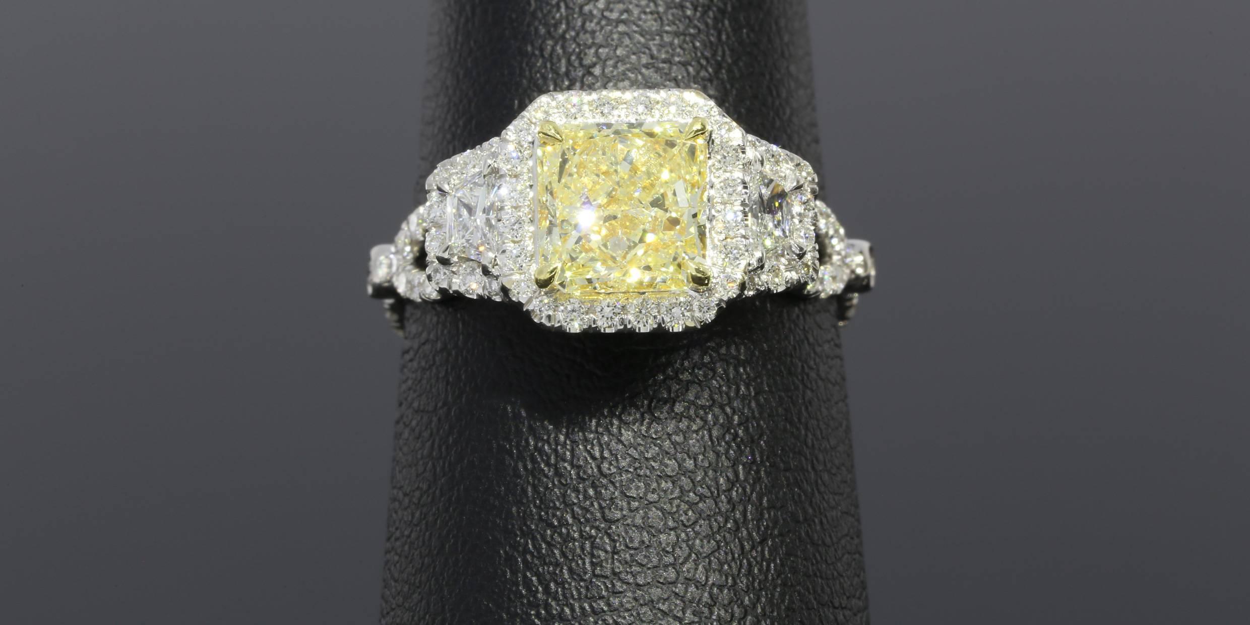 1.57 Carat Radiant Yellow Diamond Halo Two Color Gold Twist Engagement Ring 1