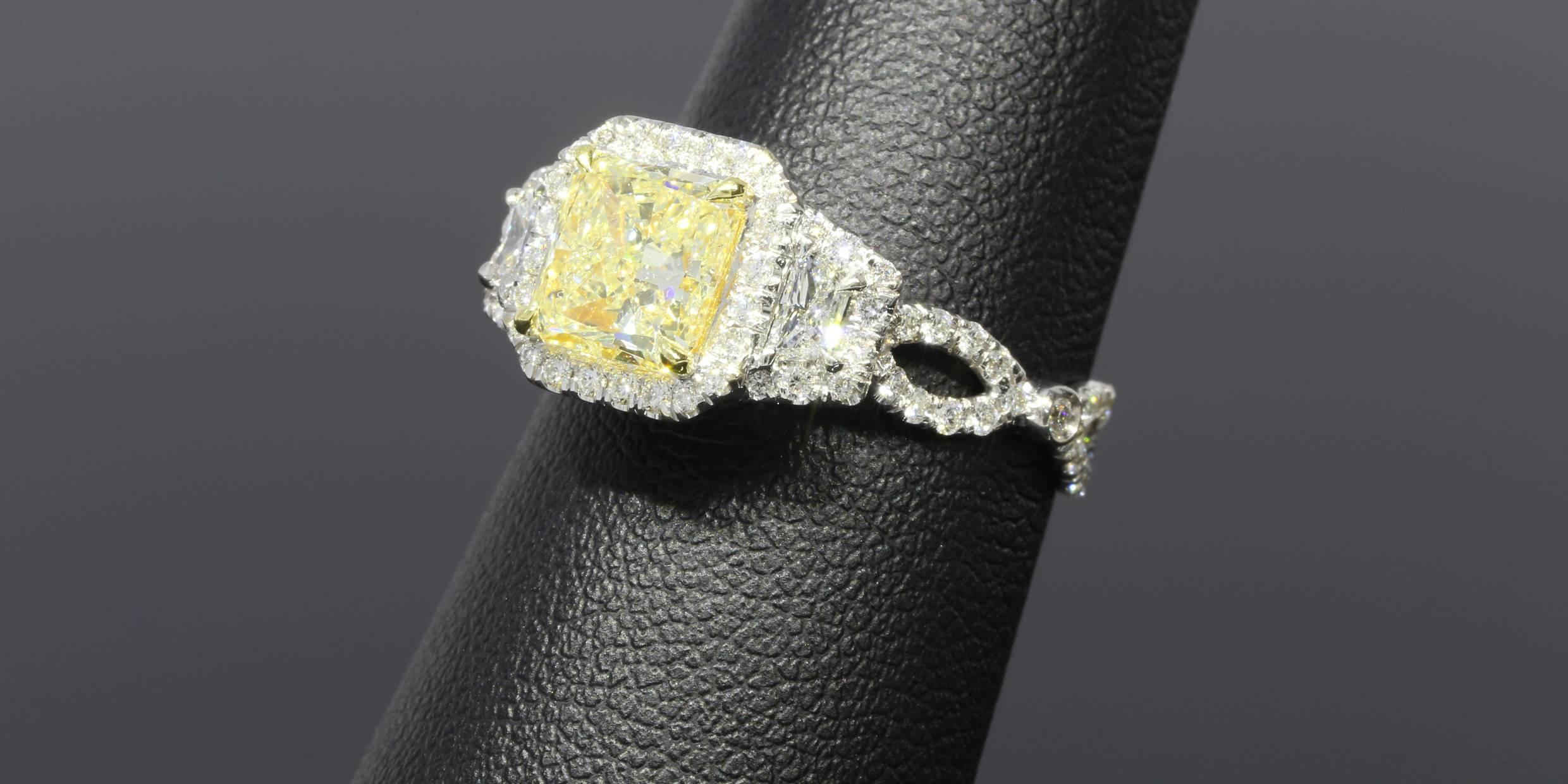 1.57 Carat Radiant Yellow Diamond Halo Two Color Gold Twist Engagement Ring 2