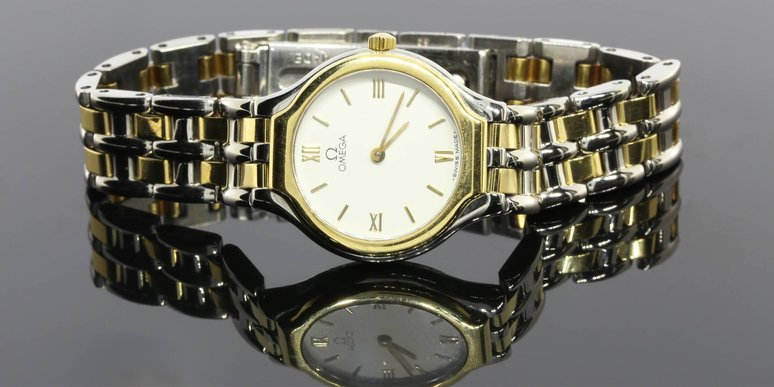 Omega Lady's Yellow Gold Stainless Steel Deville White Dial Quartz Wristwatch In Excellent Condition In Columbia, MO